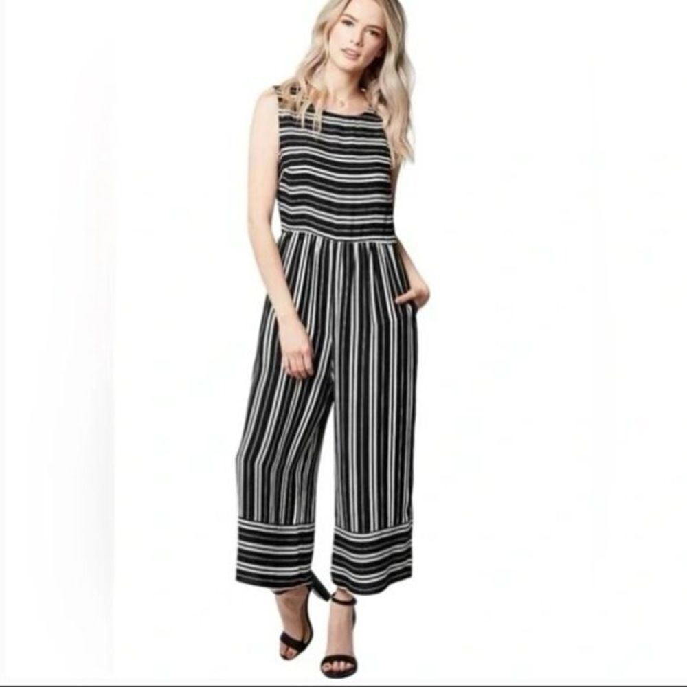 Everly Sleeveless Black and White Striped Cropped Jumpsuit